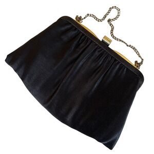 Vintage 1960s Black Satin Evening Clutch Purse Gold Frame Chain Strap Formal Bag